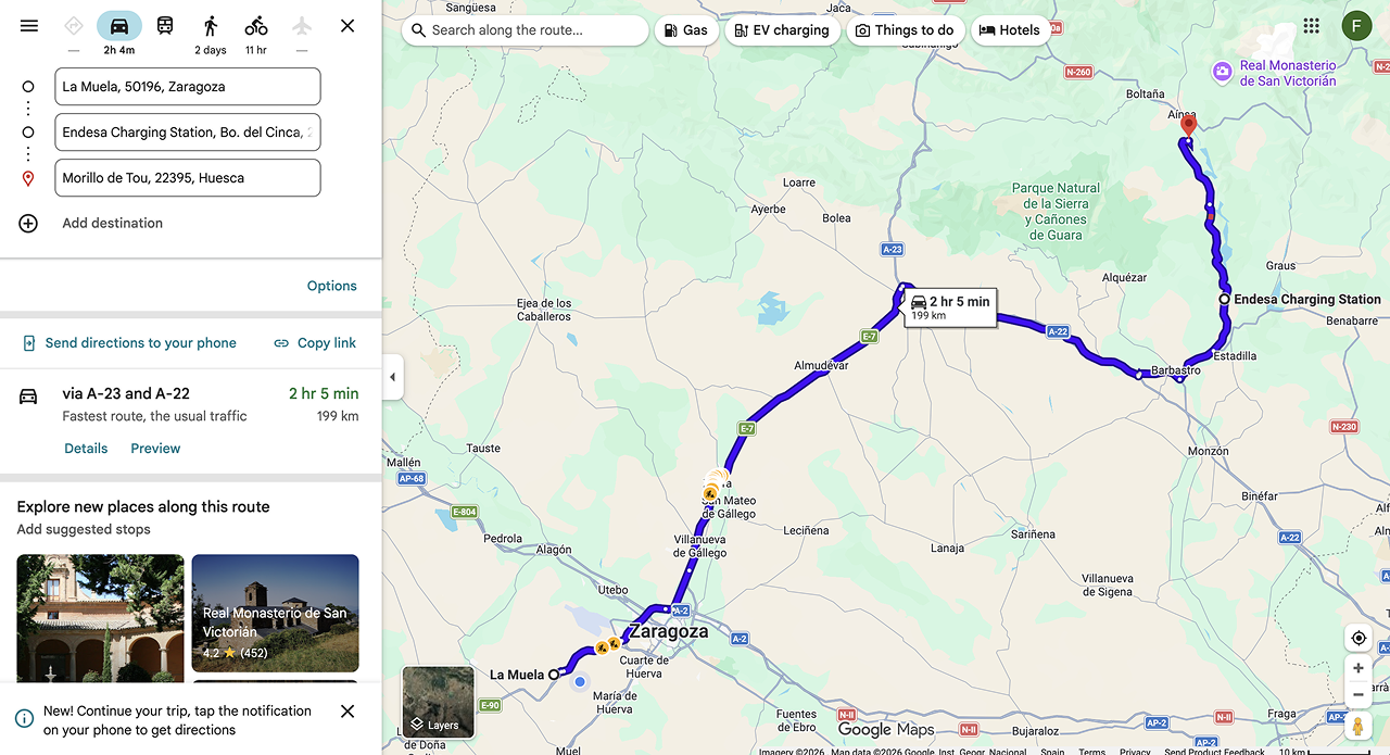 Ruta La Muela a Morillo de Tou en Google Maps, 202 km en coche eléctrico