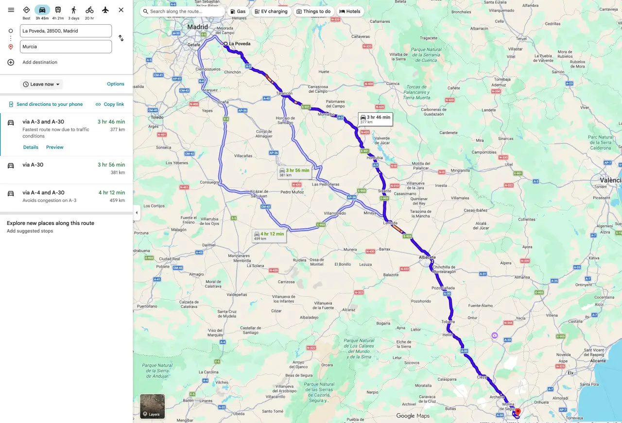 Ruta de La Poveda a Murcia por la A-3 y A-31, con parada en Albacete
