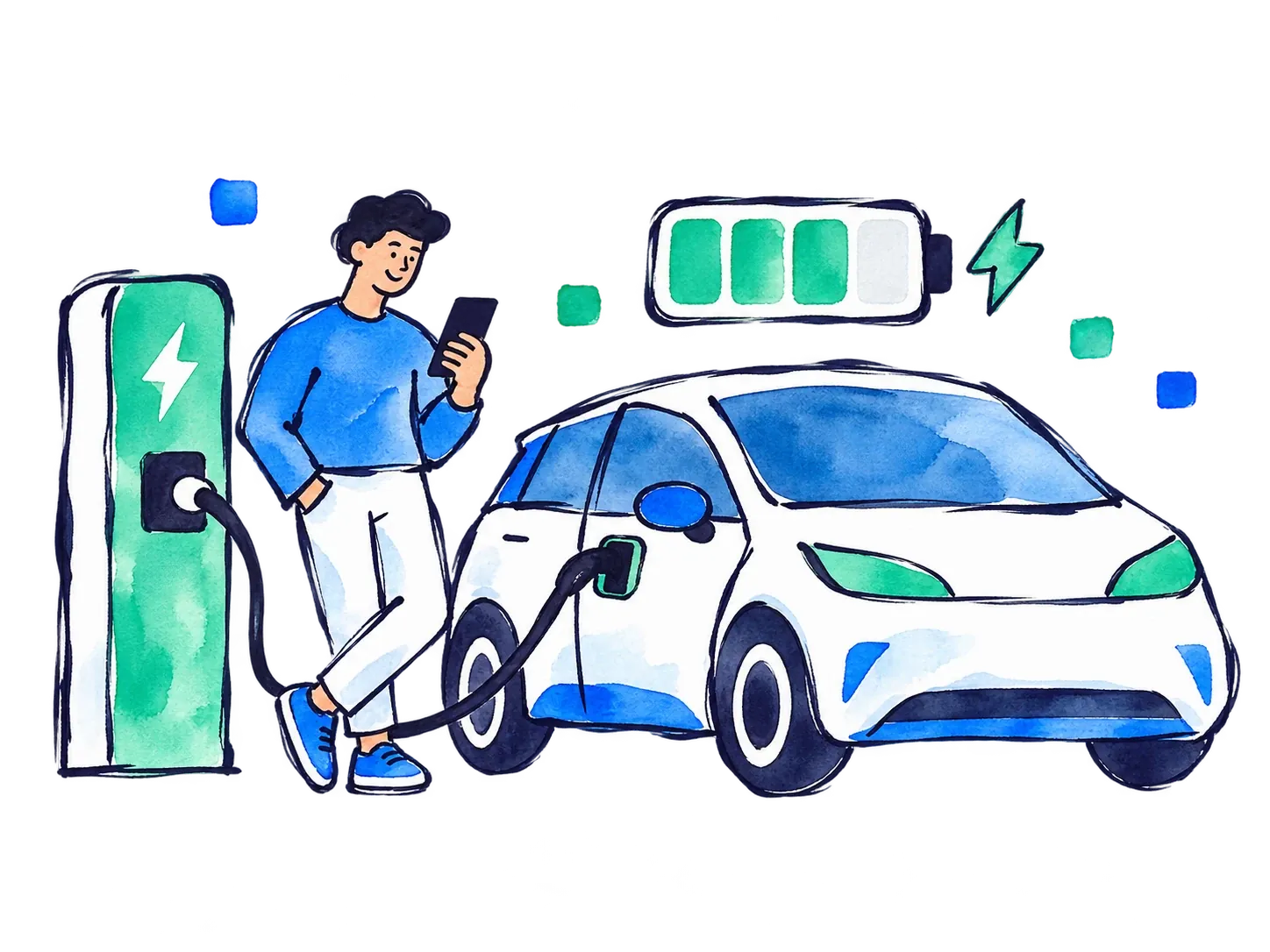 Una persona mira en el móvil cómo se carga su coche eléctrico, enchufado a un cargador.
