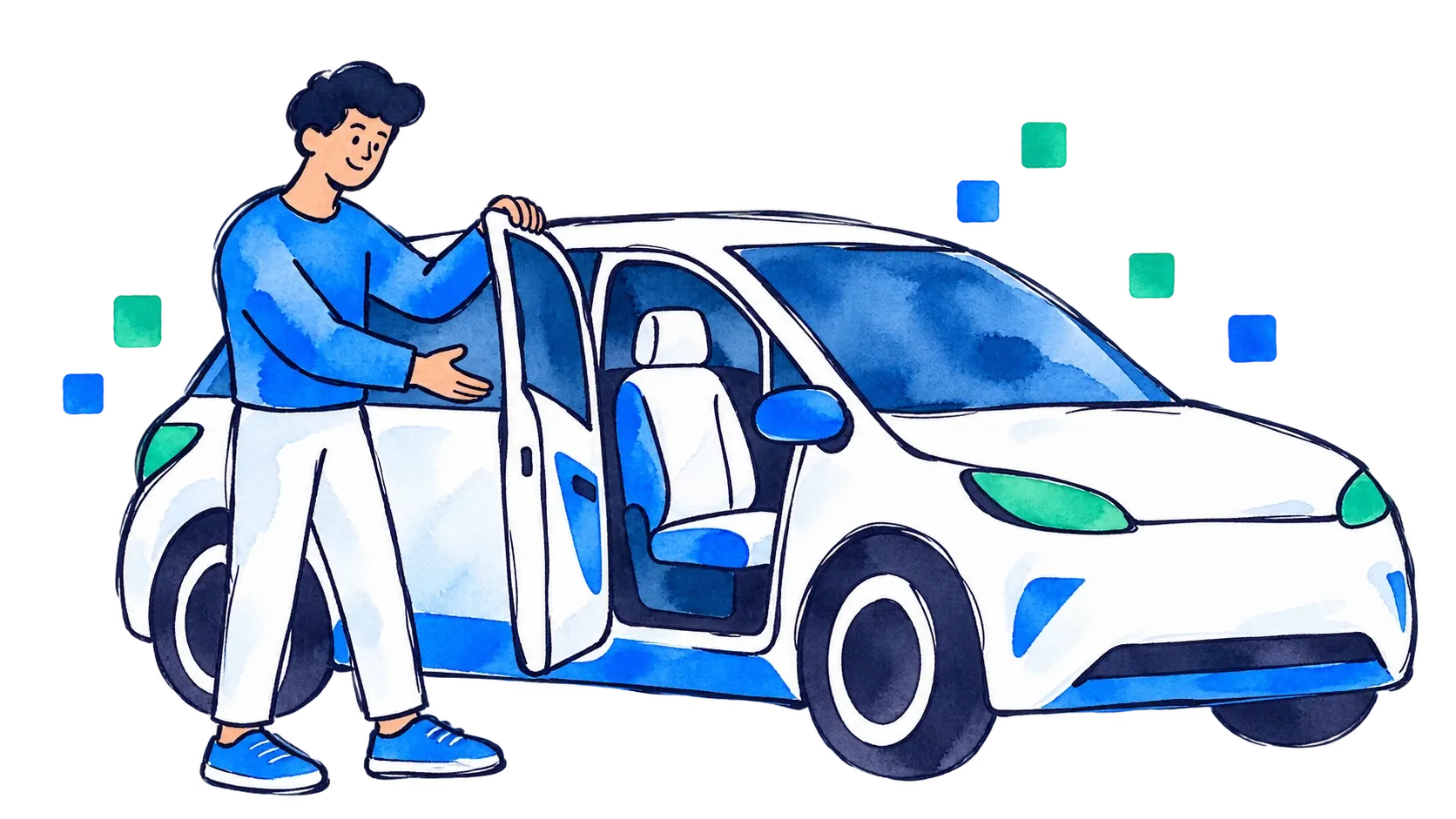 Una persona abre amablemente la puerta de un coche eléctrico para que te subas.